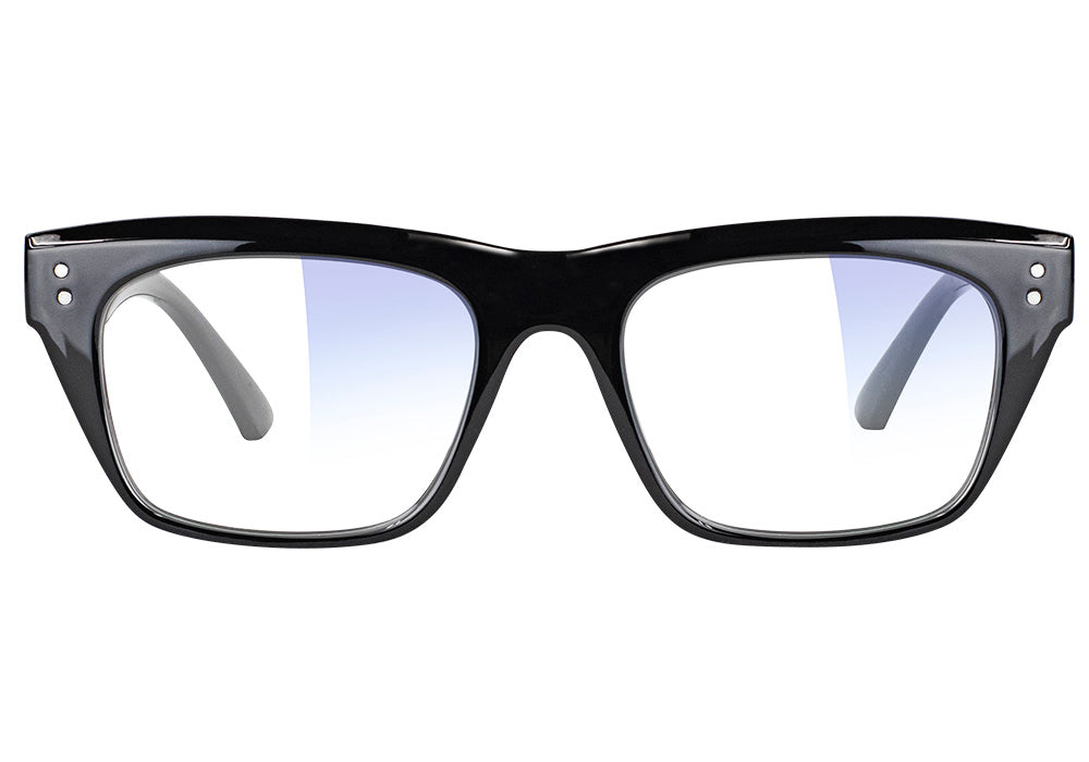 Black square eyeglass frames with clear gradient lenses, shown from the front on a white background. #Color_Black