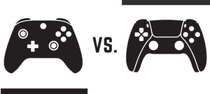 A 1-color photo of a PS5 and Xbox controller