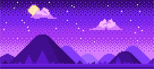 8-Bit art portraying a mountain range with a purple sunset with clouds and skyline