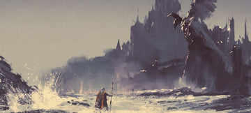 A fantasy setting of a nomad with a stick looking at a snowy fortress in the distance