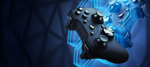 Photo of an Xbox controller with a blue tech background