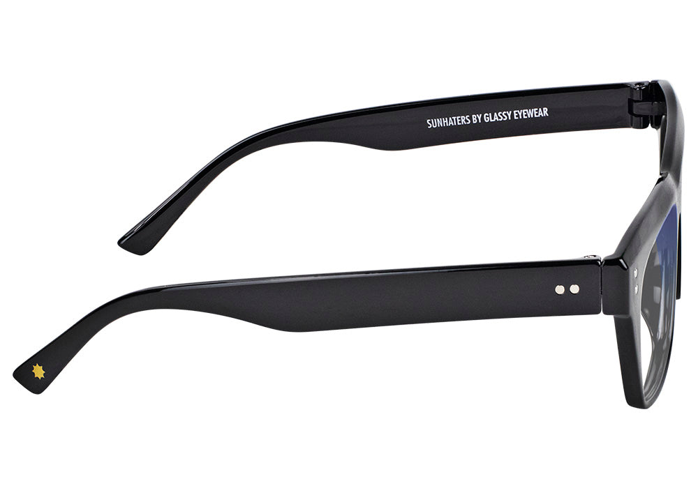 Black square-frame sunglasses with blue-tinted lenses and white printed branding on the inner temple arm, shown on a plain white background. #Color_Black