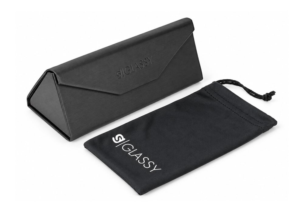 Glassy black trifold eyewear case and branded microfiber drawstring bag