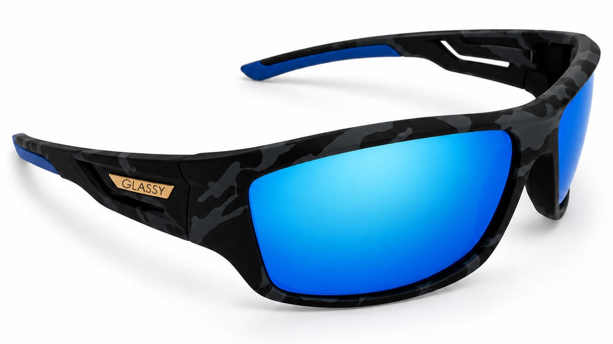 Oxley sunglasses — blue mirrored lenses and blue tips — three-quarter view