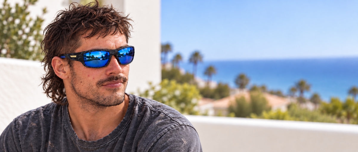 Model wearing Glassy Oxley sunglasses with blue mirror lenses — desktop banner