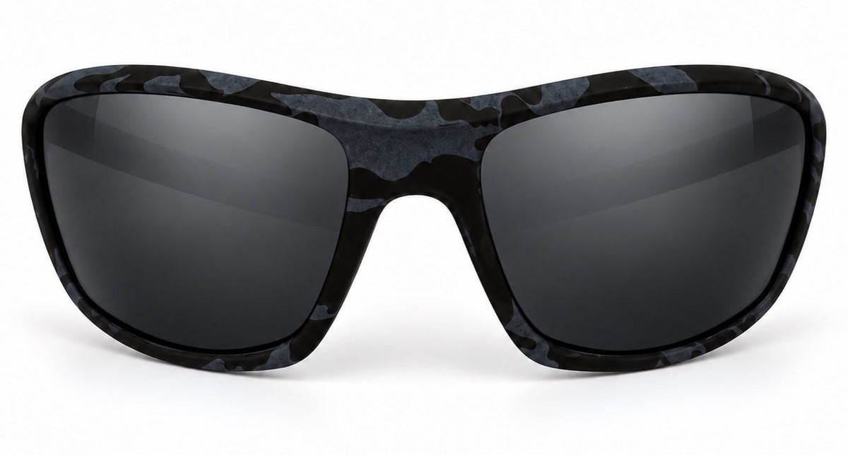 Oxley sunglasses — black/smoke lenses and gray tips — front view