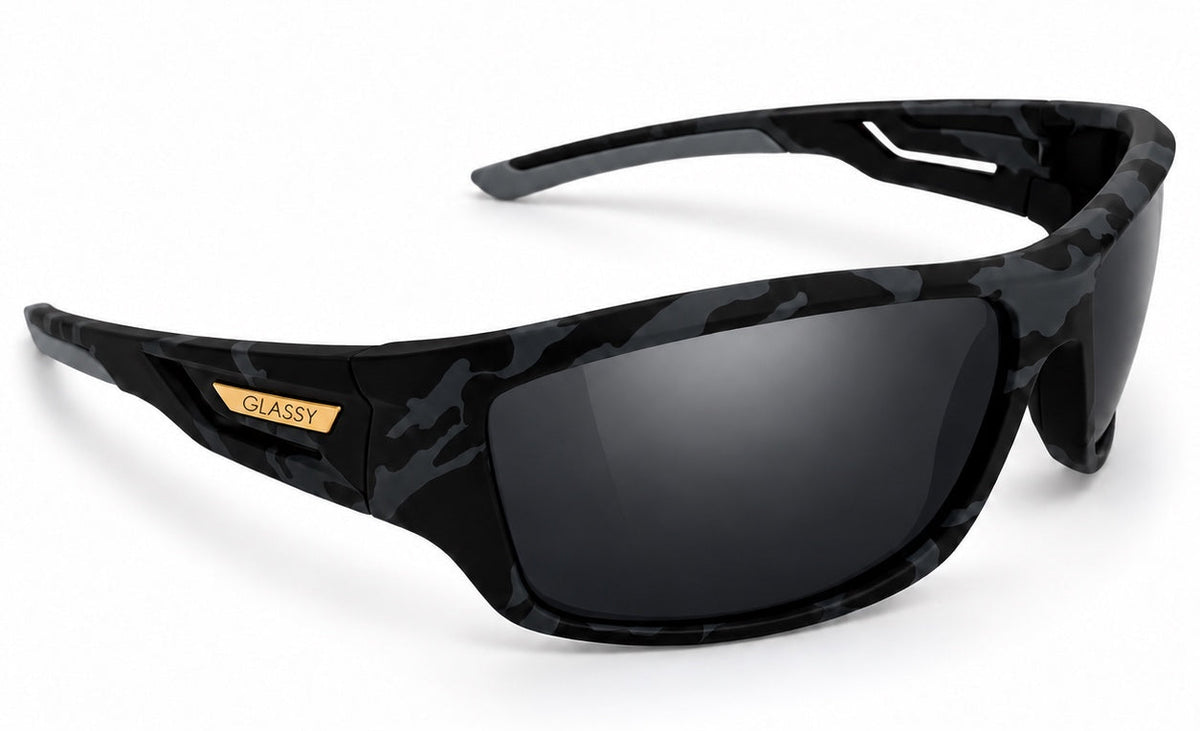 Oxley sunglasses — black/smoke lenses and gray tips — three-quarter view